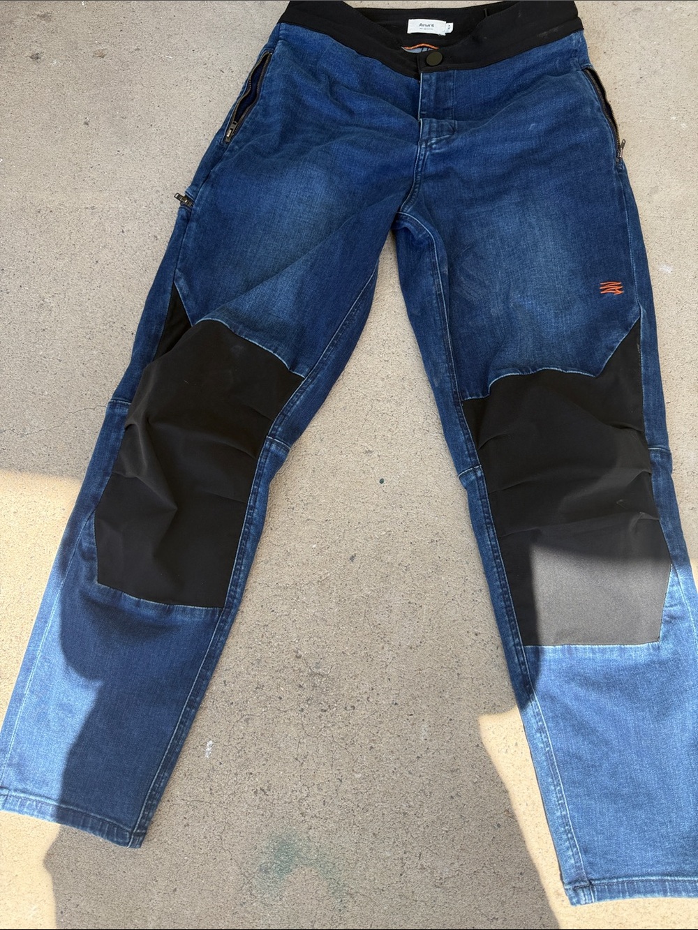 Men's Blue Straight Jeans with Black Knee Panels